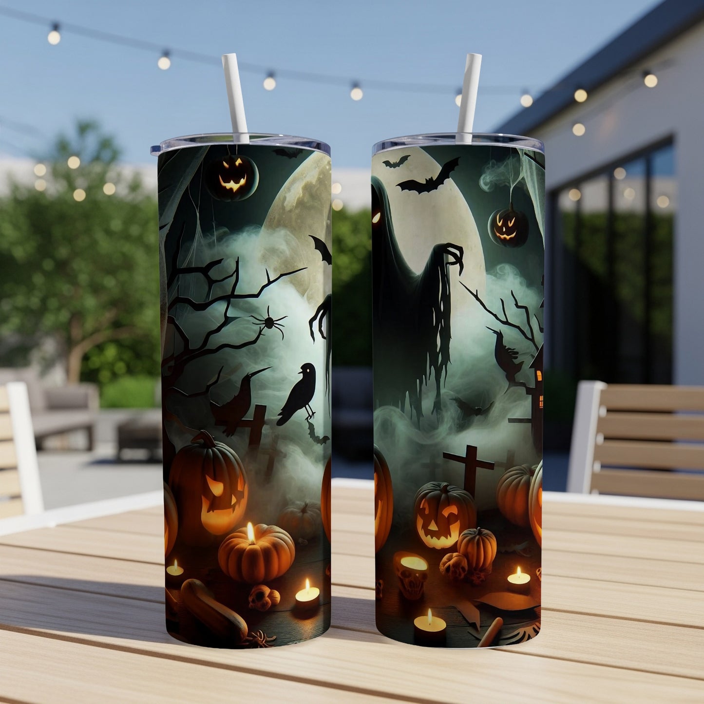Two Halloween-themed tumblers with spooky designs and straws sit on a table.