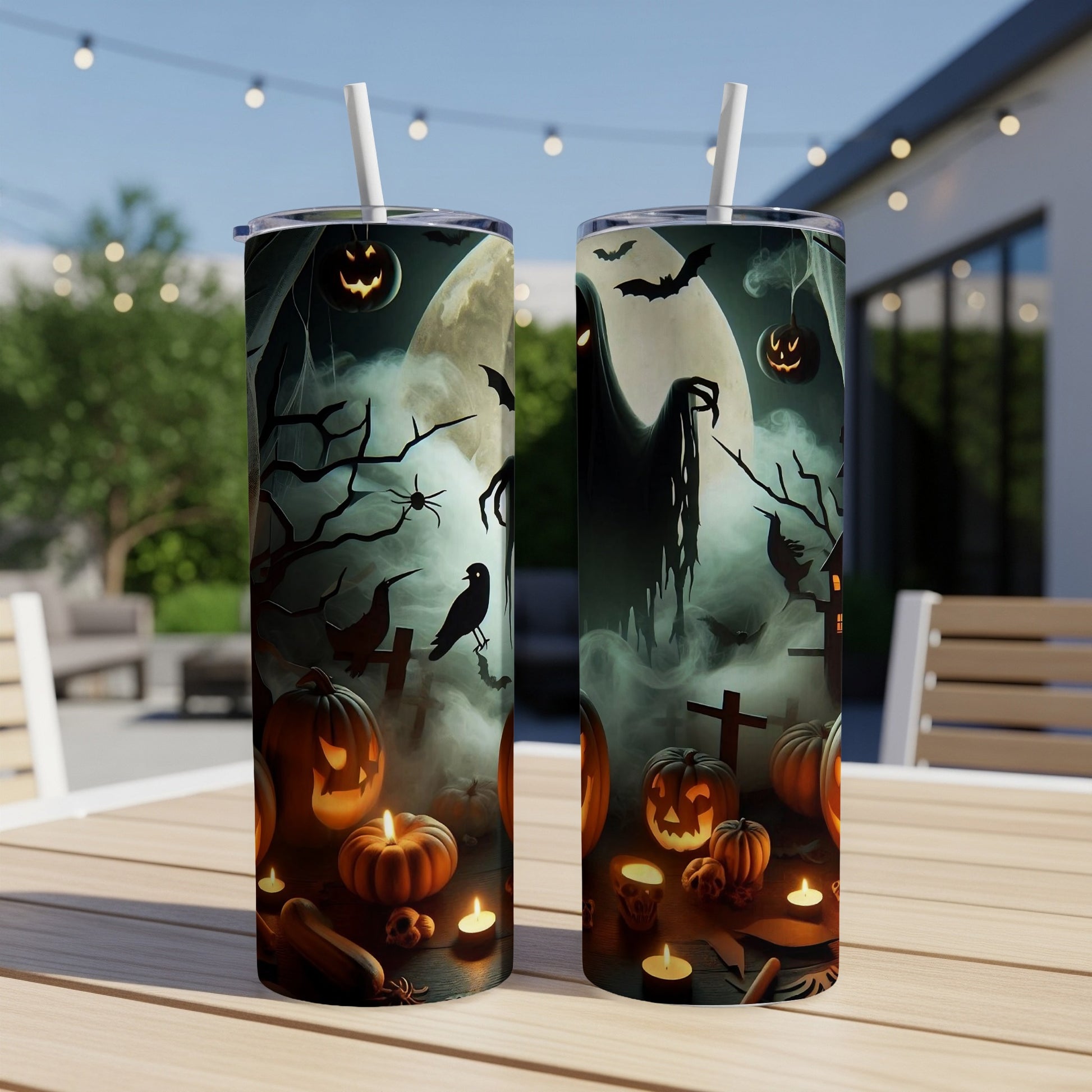 Two Halloween-themed tumblers with spooky designs and straws sit on a table.