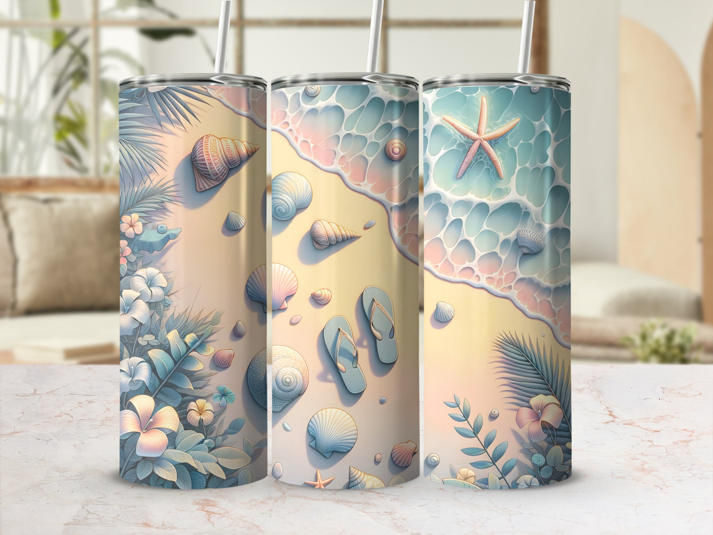 Three tumblers with a pastel beach scene featuring seashells, starfish, and flip-flops.