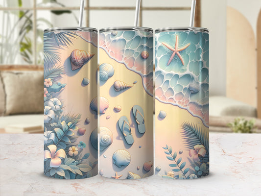 Three tumblers with a pastel beach scene featuring seashells, starfish, and flip-flops.