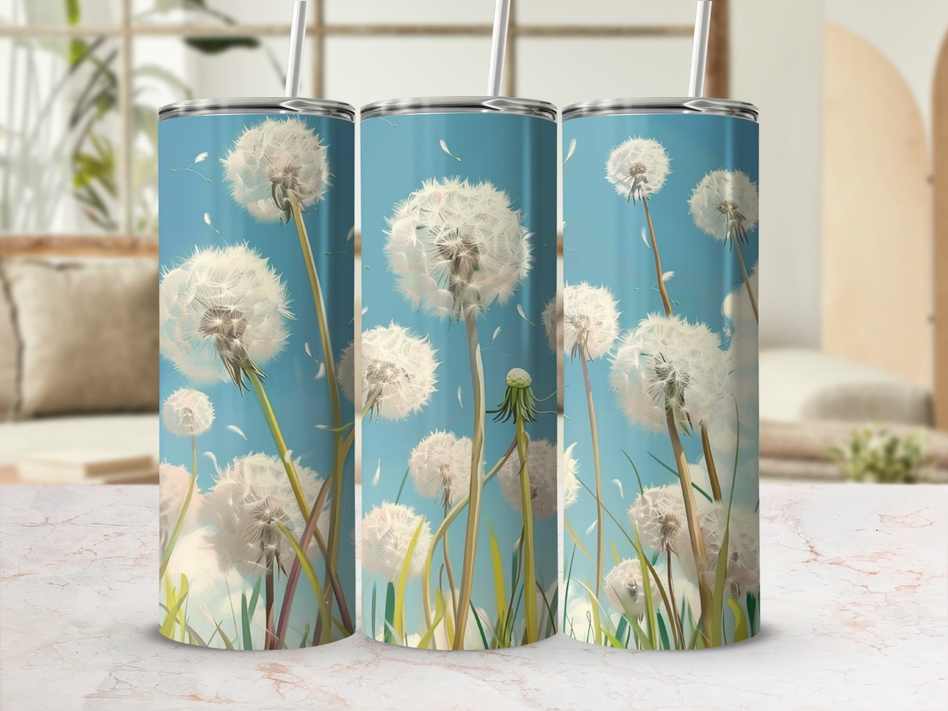 Three tumblers with dandelion seed heads on a light blue background.