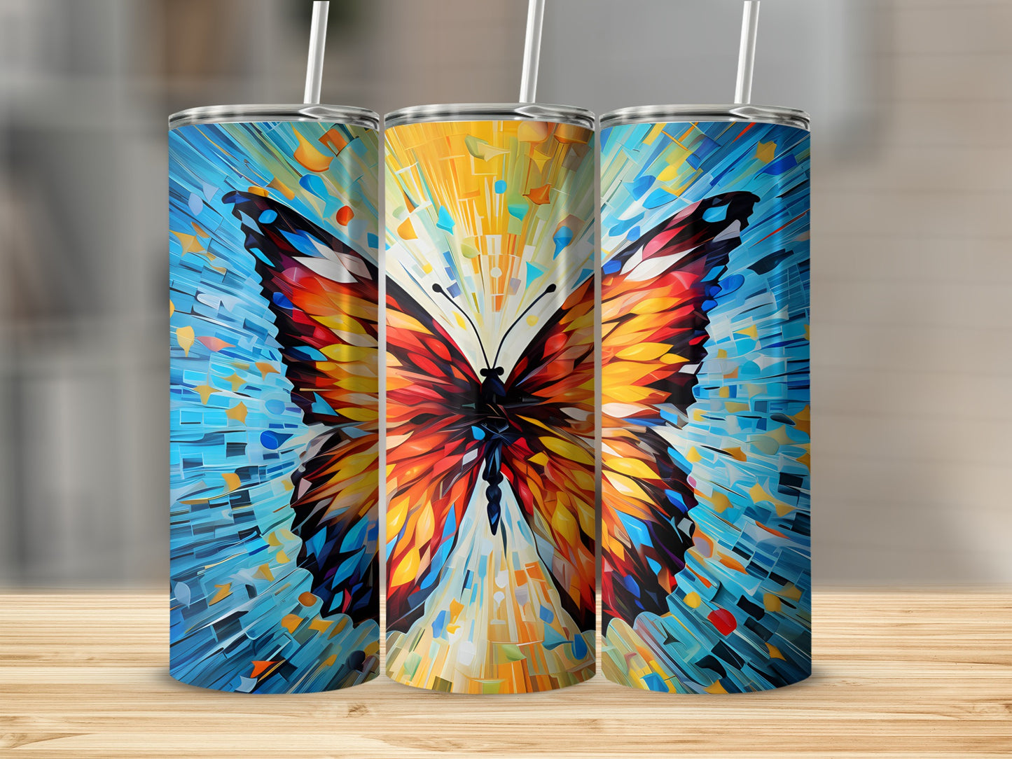 Three tumblers featuring a vibrant, geometric butterfly mosaic design.