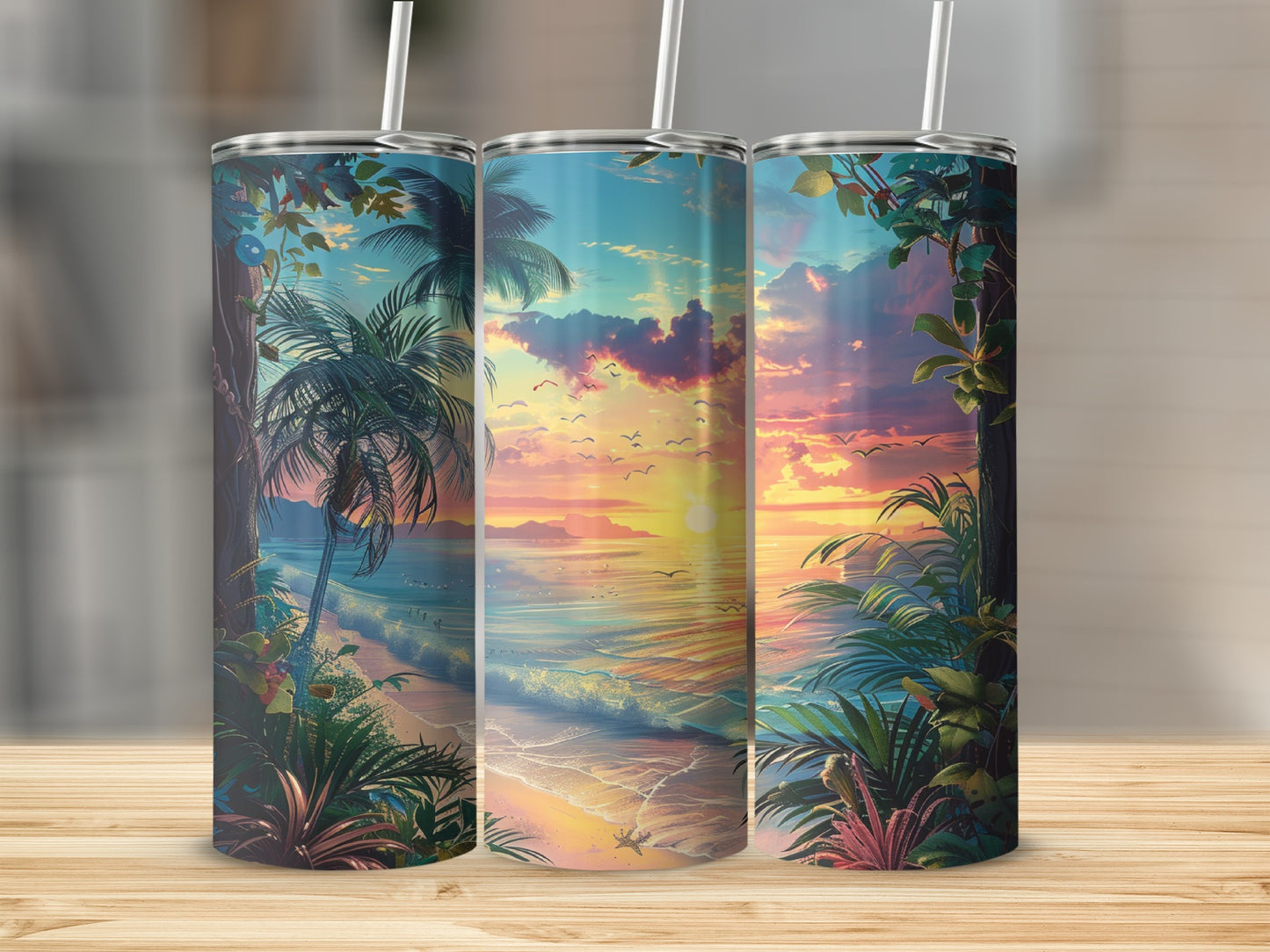 Three tumblers with a tropical beach sunset scene and palm trees.