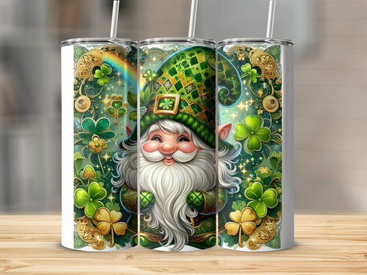 St. Patrick's Day gnome with shamrocks and rainbow, on a tumbler.