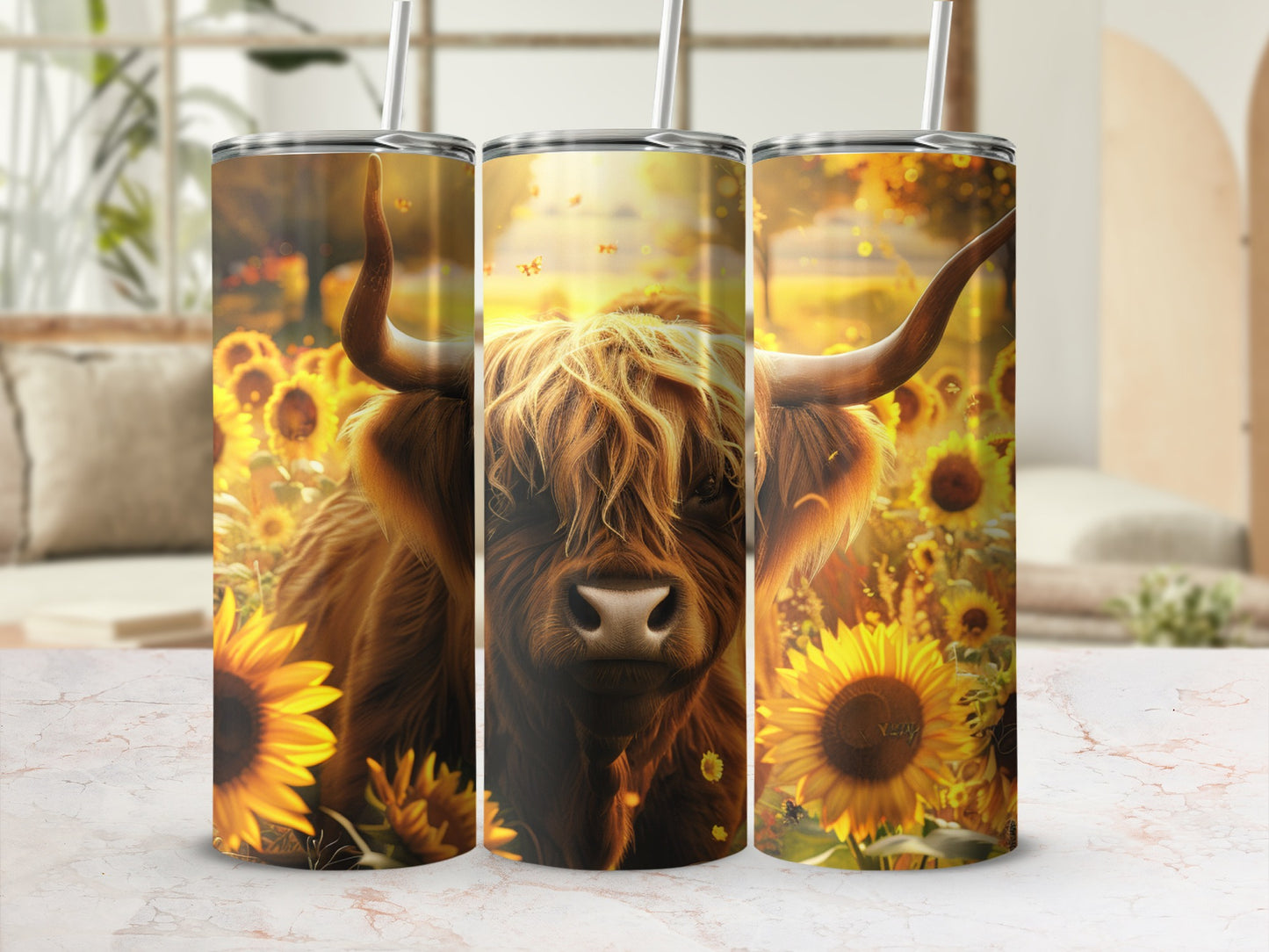 Highland cow in a sunflower field.