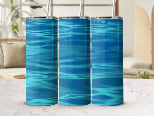 Three tall tumblers with rippling blue water pattern and straws.