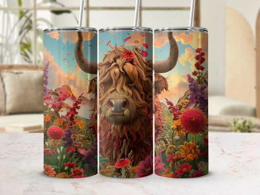 Highland cow surrounded by colorful flowers and foliage.
