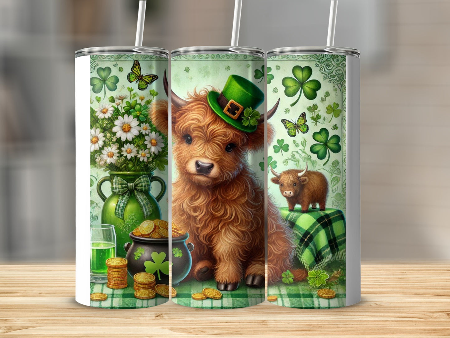 Highland cow wearing green hat with shamrocks and gold coins.