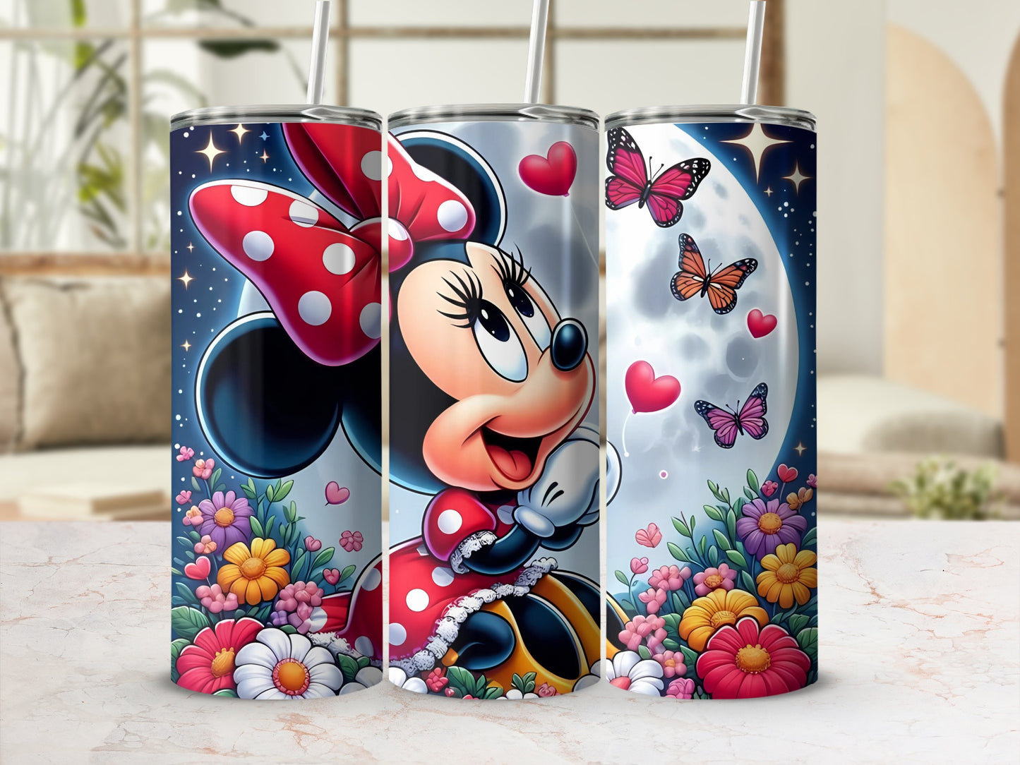 Cute Minnie Mouse Tumbler with Floral and Butterfly Design
