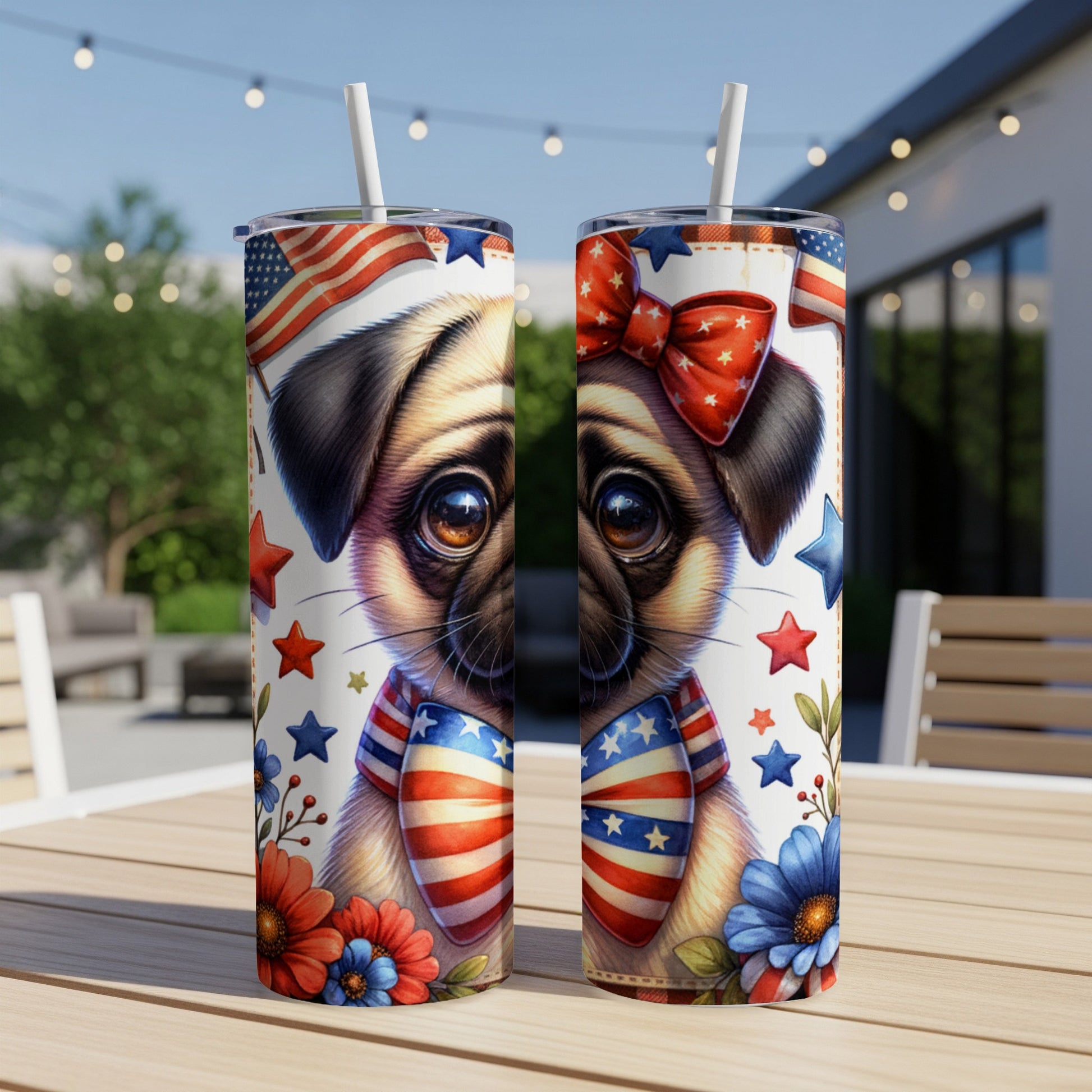 Pug in patriotic bandana and bow, surrounded by flowers and stars.