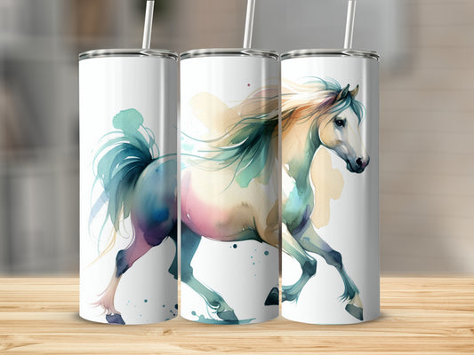Watercolor horse with flowing mane and tail on a white tumbler.
