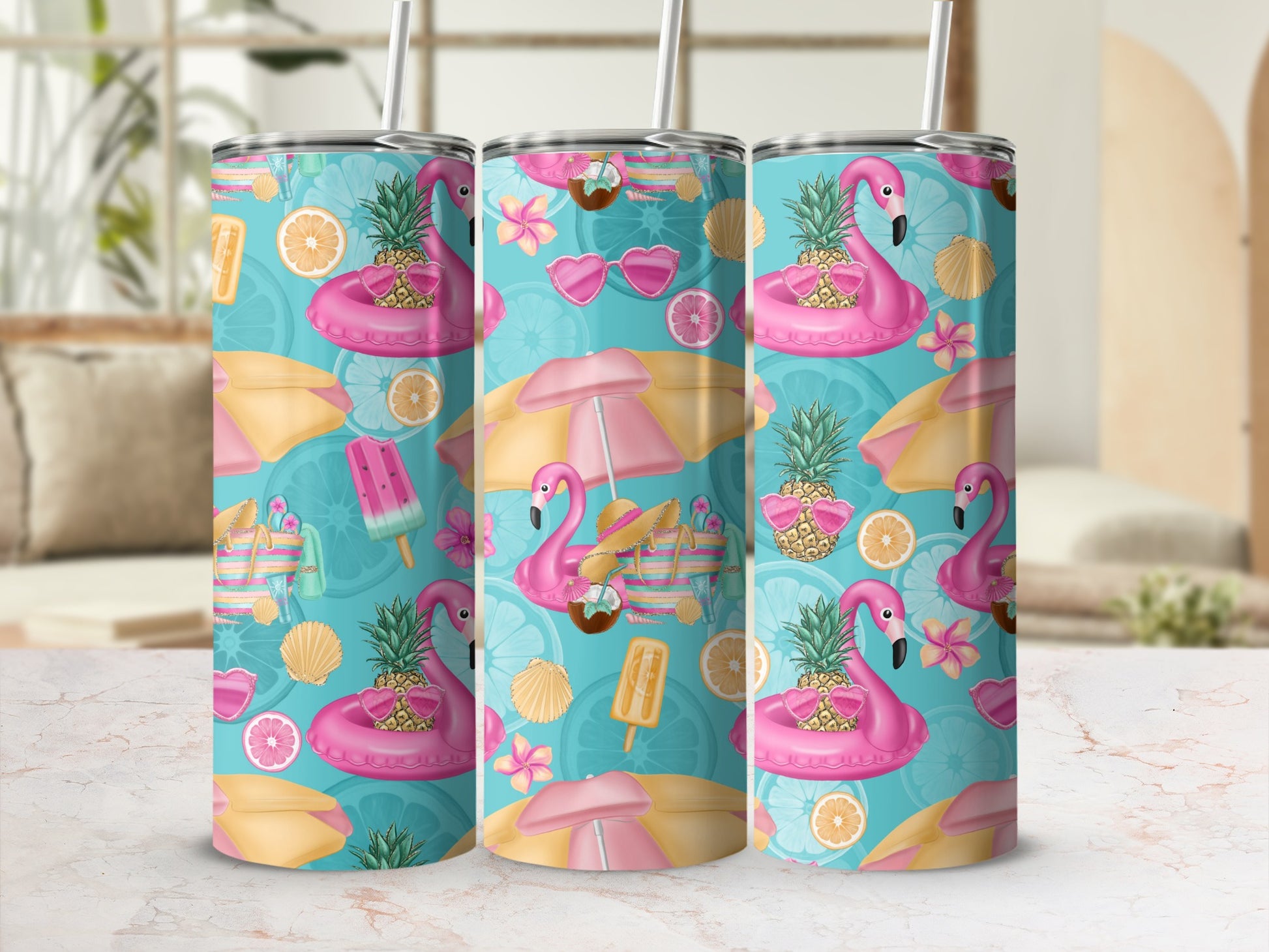 Pink flamingo and pineapple beach pattern on three tumblers.