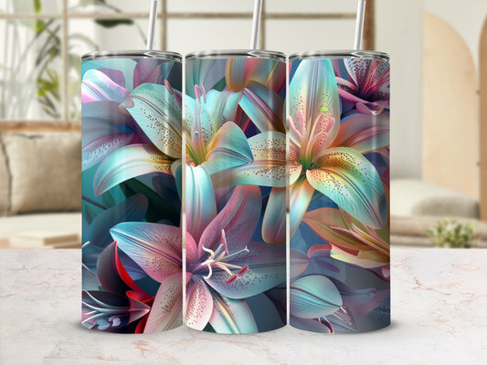 Three tumblers with abstract floral designs in soft blues, pinks, and greens.