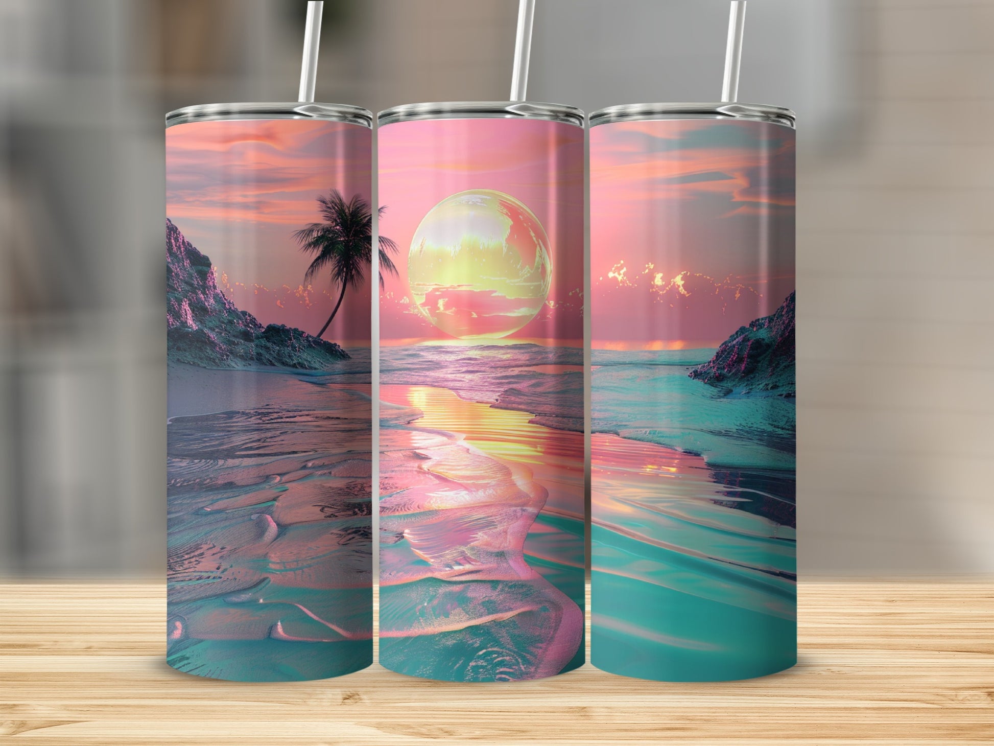 Three tumblers with a sunset beach scene and palm tree.