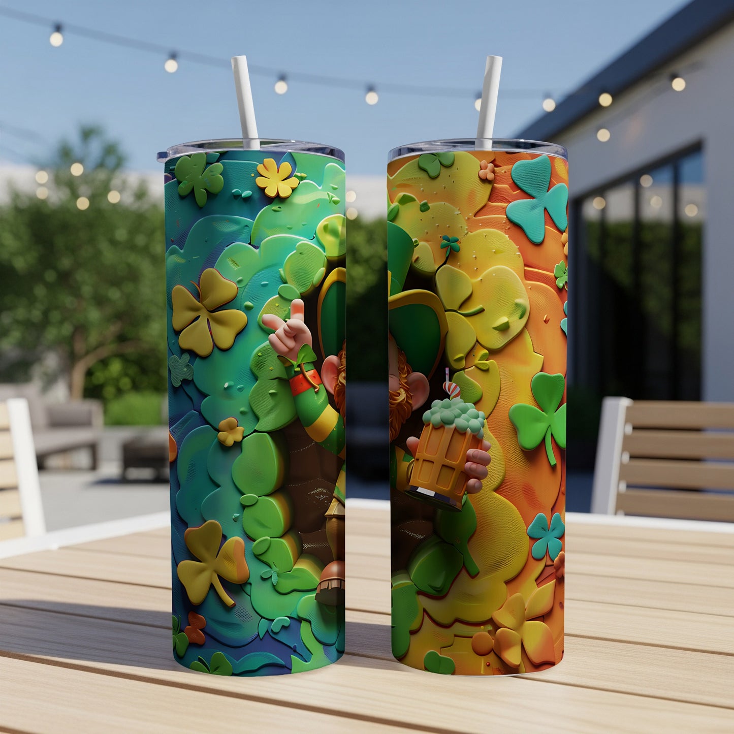 Two St. Patrick's Day themed tumblers with a leprechaun and shamrocks.