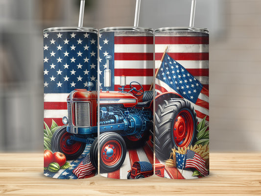 Tractor with American flag and harvest elements on a tumbler.
