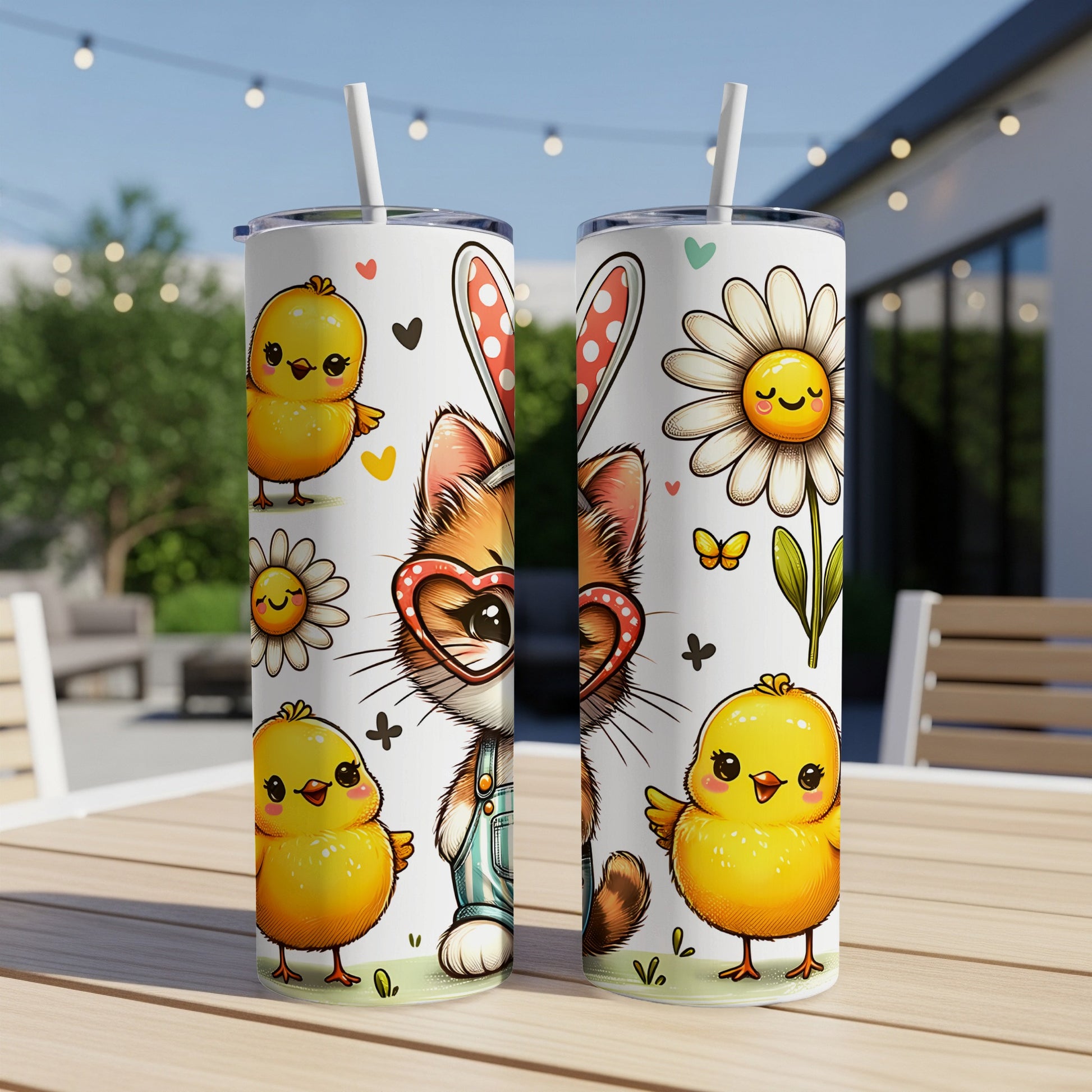 Easter-themed cat and chicks design on two white tumblers.