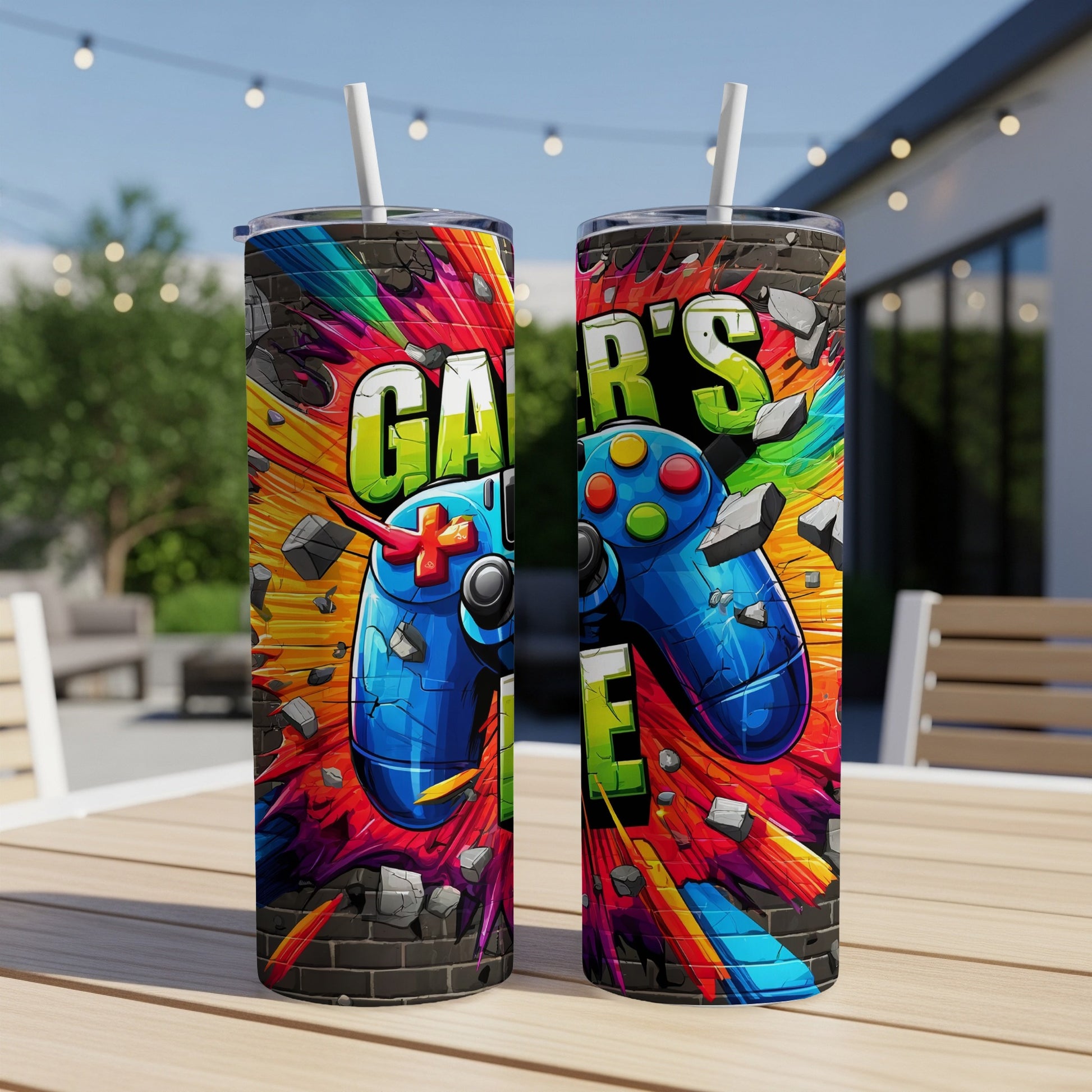 Two tumblers with colorful "Gamer's Life" text and controller graphics.