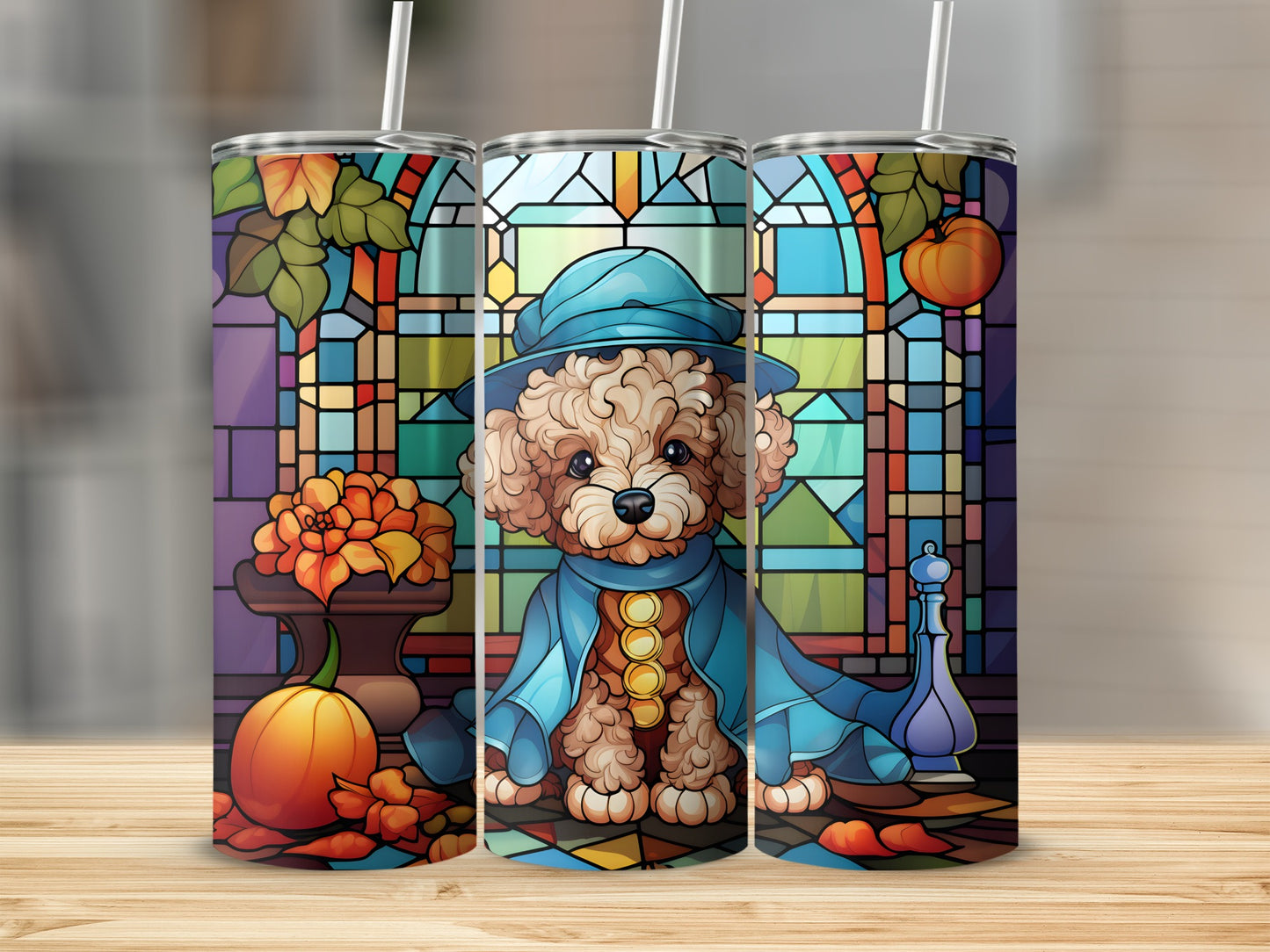 Three tumblers with a poodle in a blue outfit against a stained glass background.