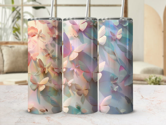 Three tumblers with a pastel butterfly design.
