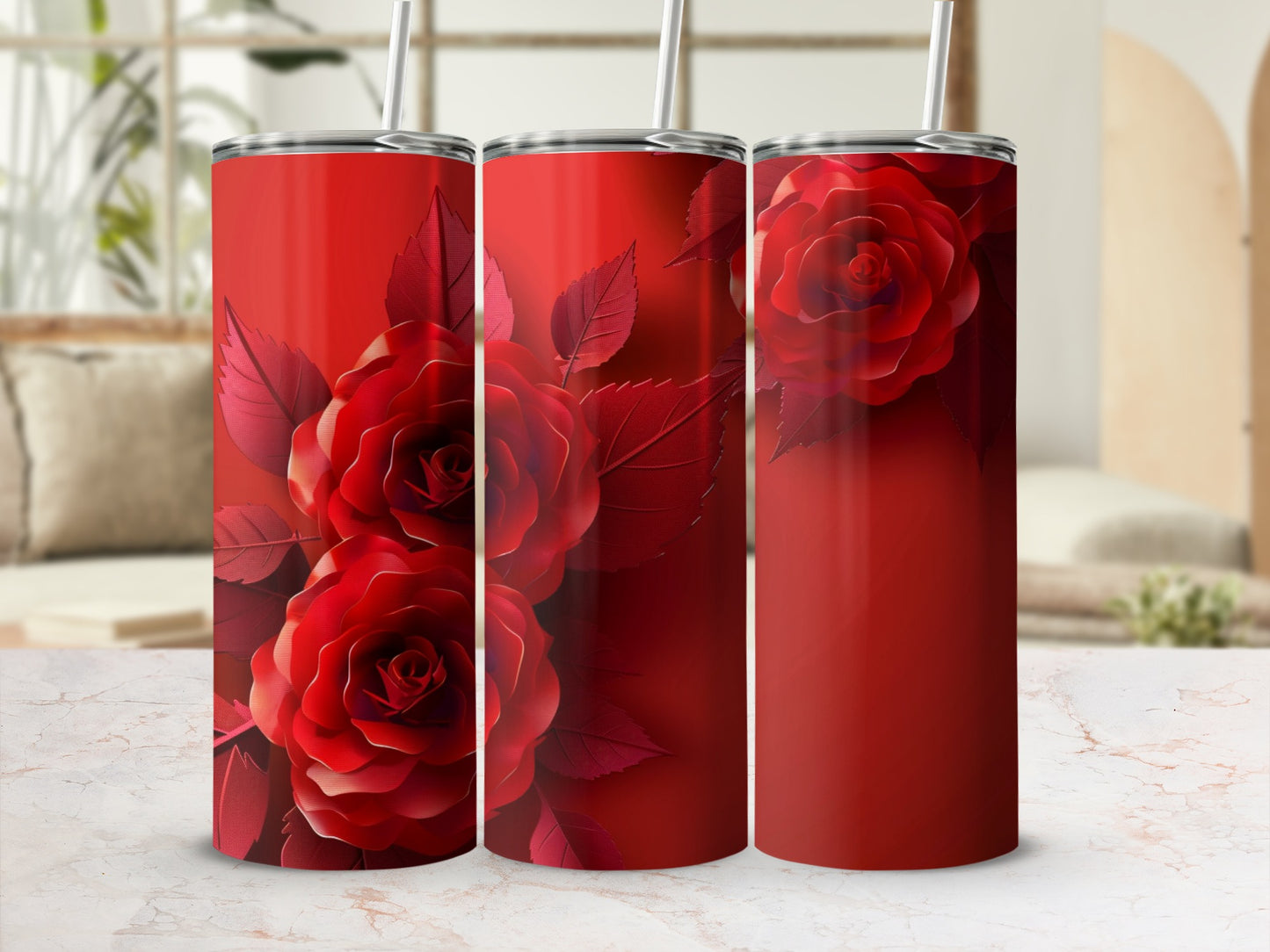 Red roses pattern on a tall, slim tumbler with straw.