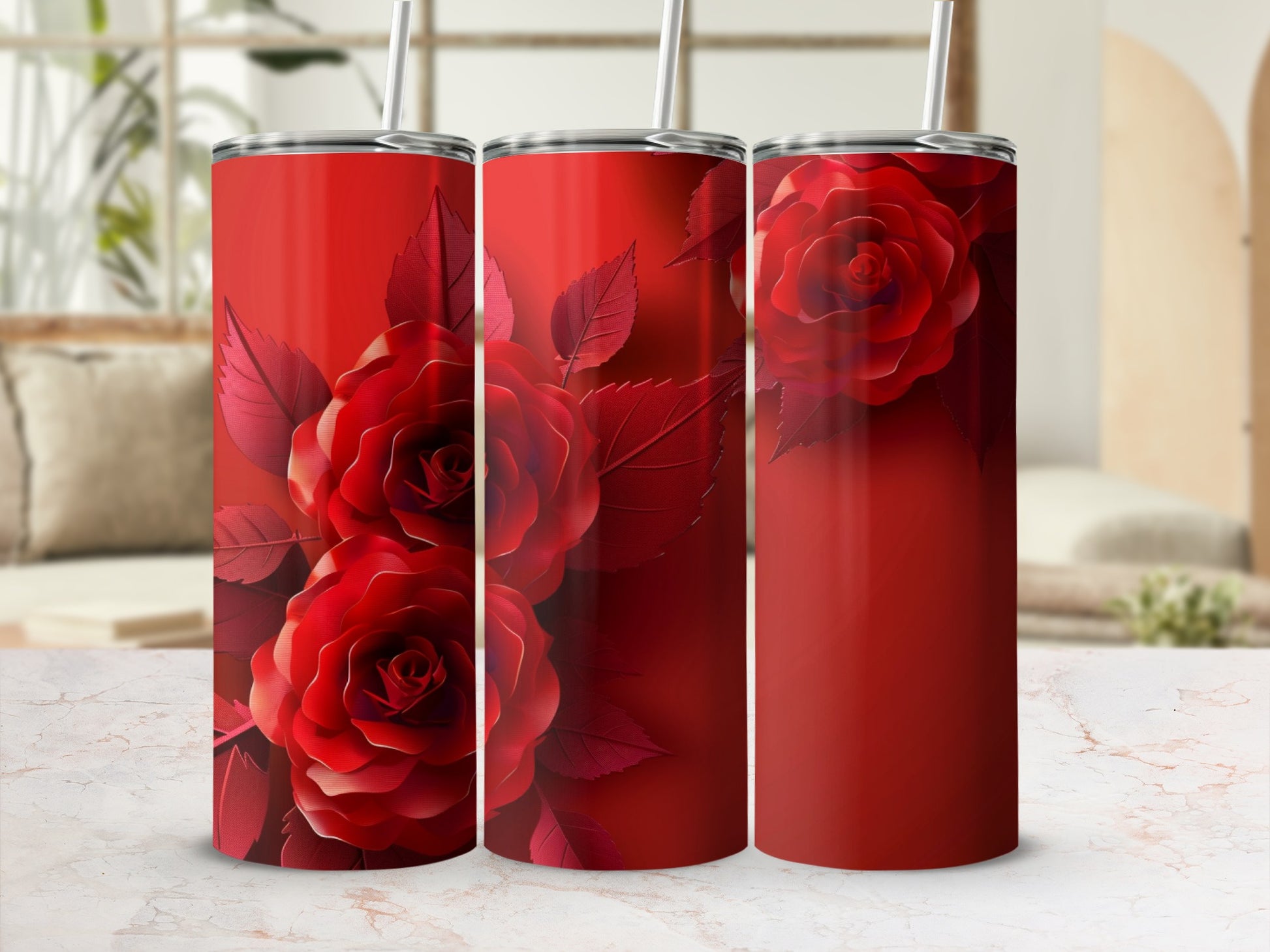 Red roses pattern on a tall, slim tumbler with straw.