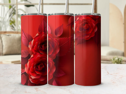Red roses pattern on a tall, slim tumbler with straw.