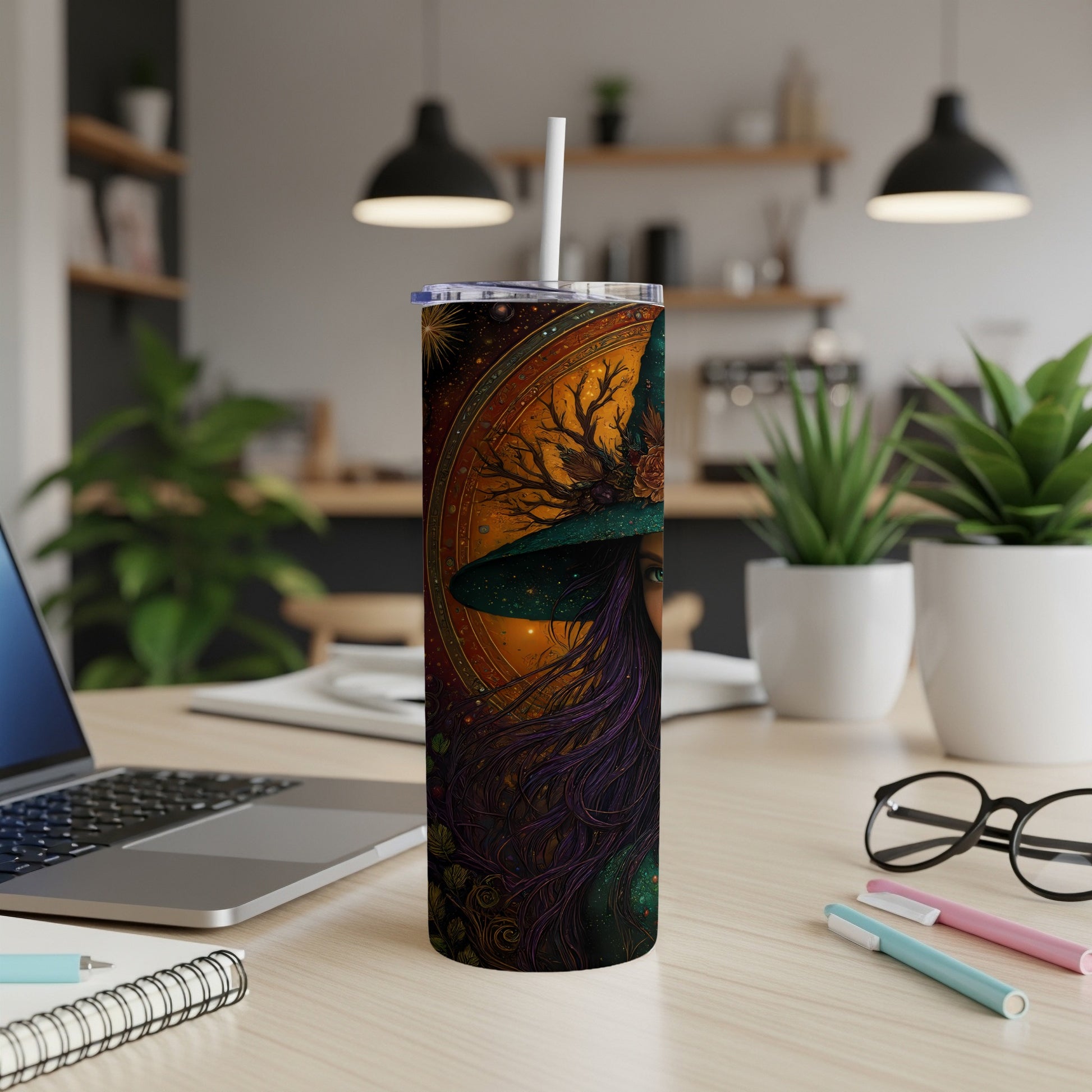 Tall tumbler with a witch and celestial art, featuring purple hair and green eyes.