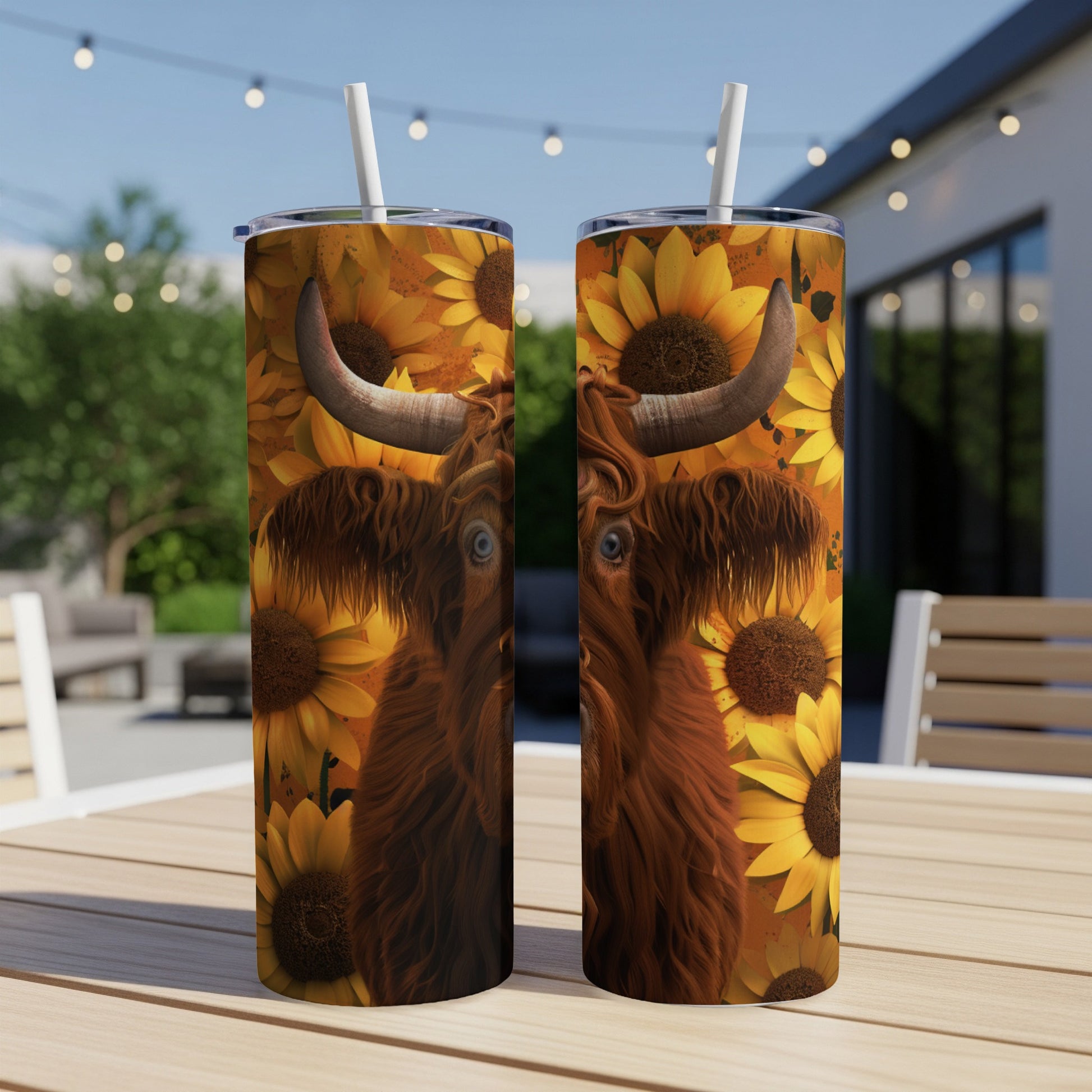 Highland cow with sunflowers on a skinny tumbler.