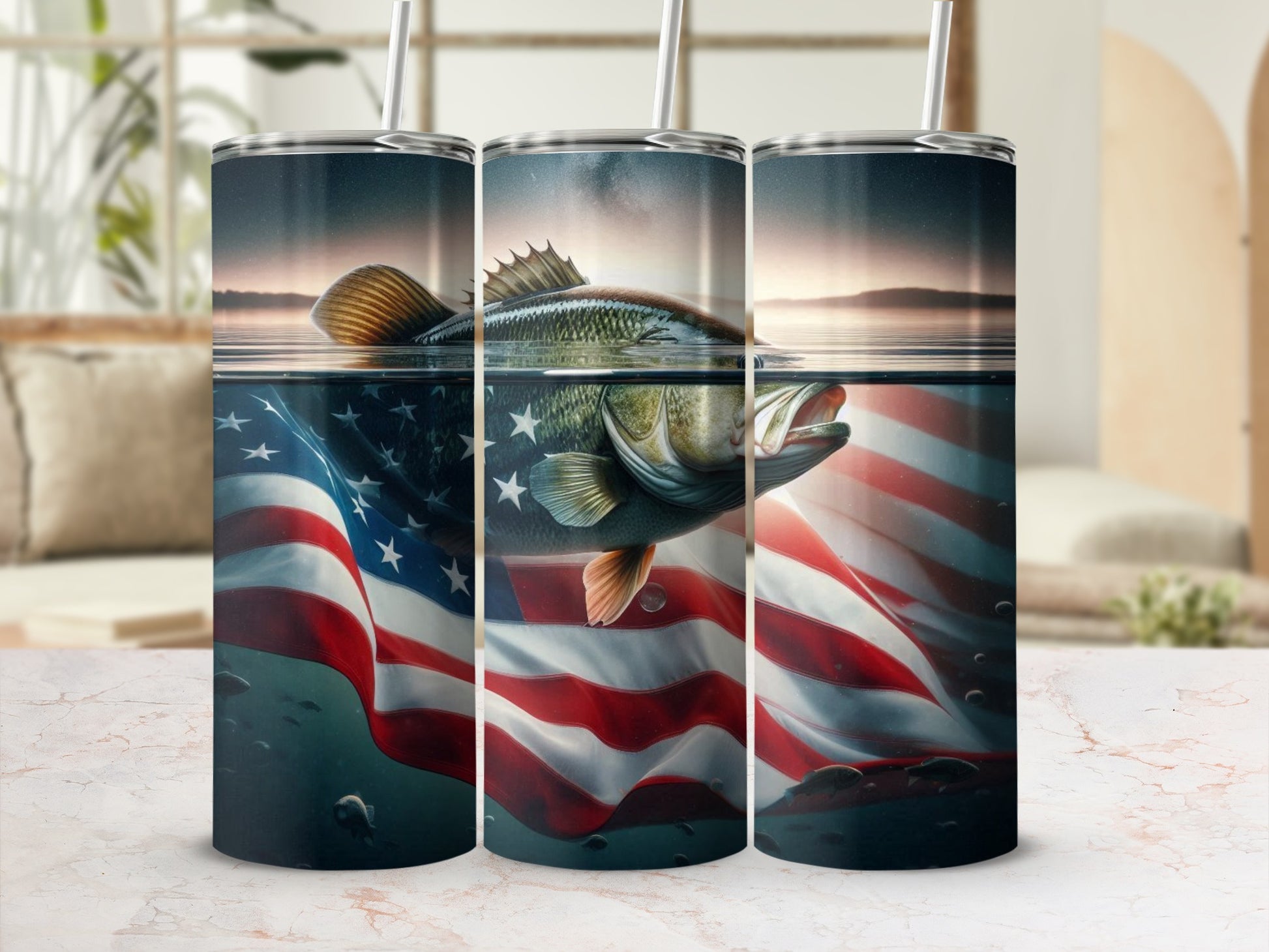 Bass leaping from water over submerged American flag design.