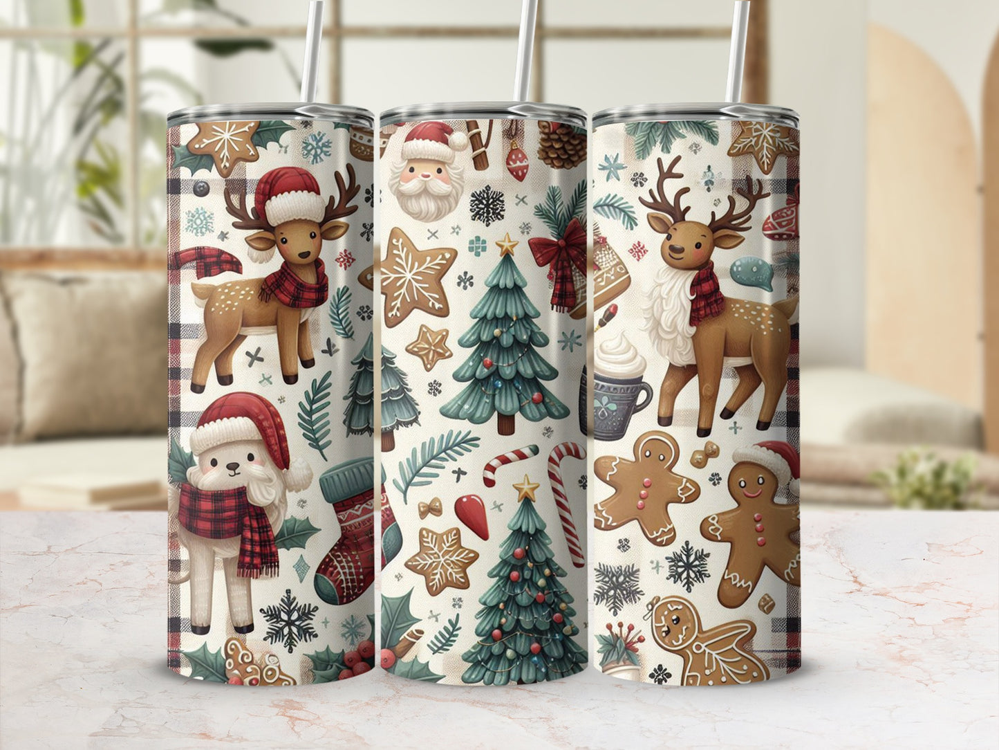 Christmas themed tumbler with reindeer, Santa, trees, and gingerbread cookies.