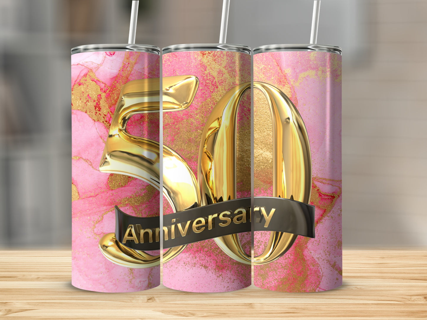 Gold 50th Anniversary text on pink and gold marble tumbler.
