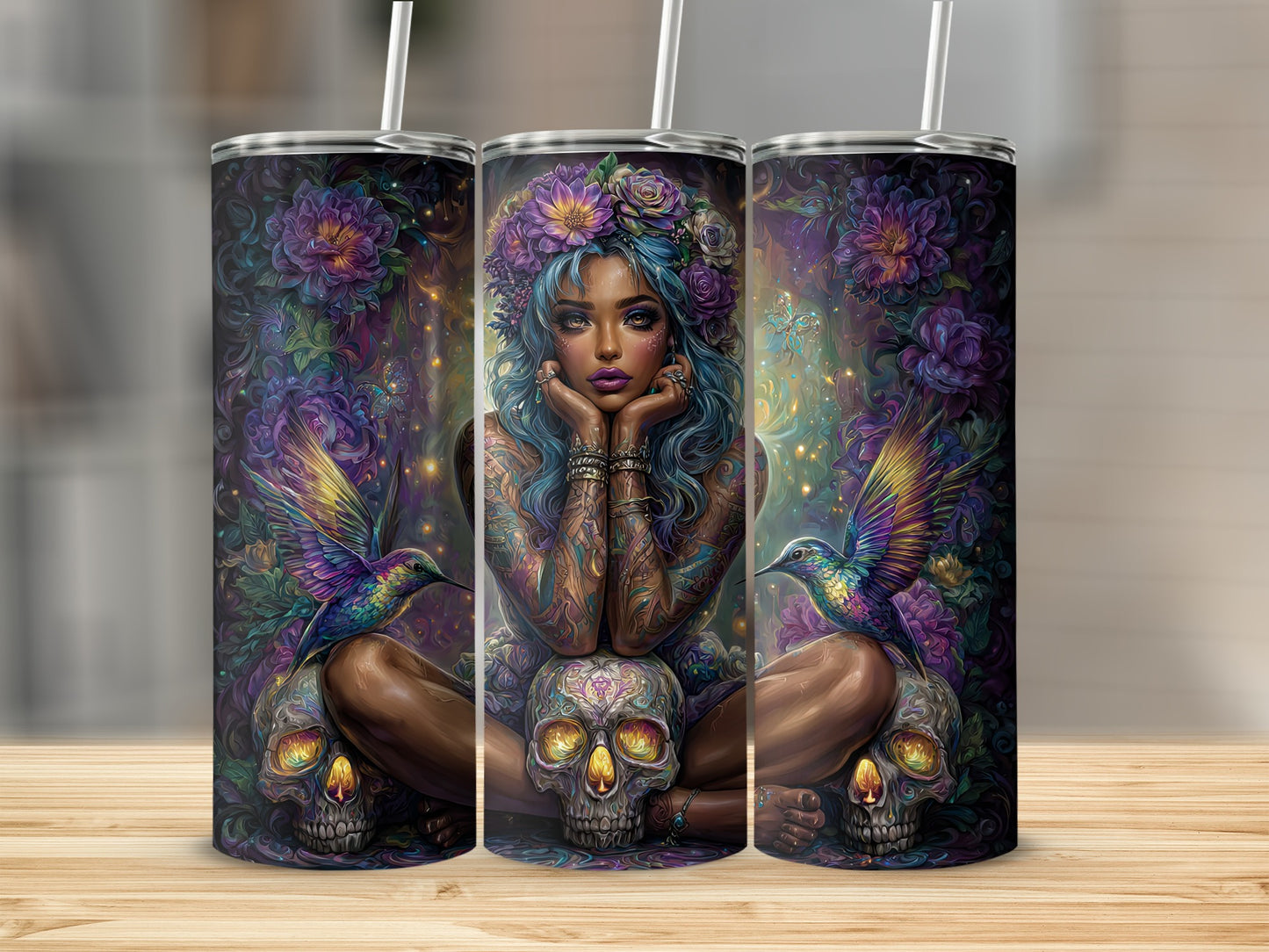 Vibrant Skull Lady and Hummingbird Tumbler Design