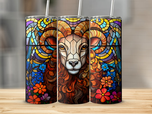 Stained glass style Aries ram head with colorful flowers on a skinny tumbler.