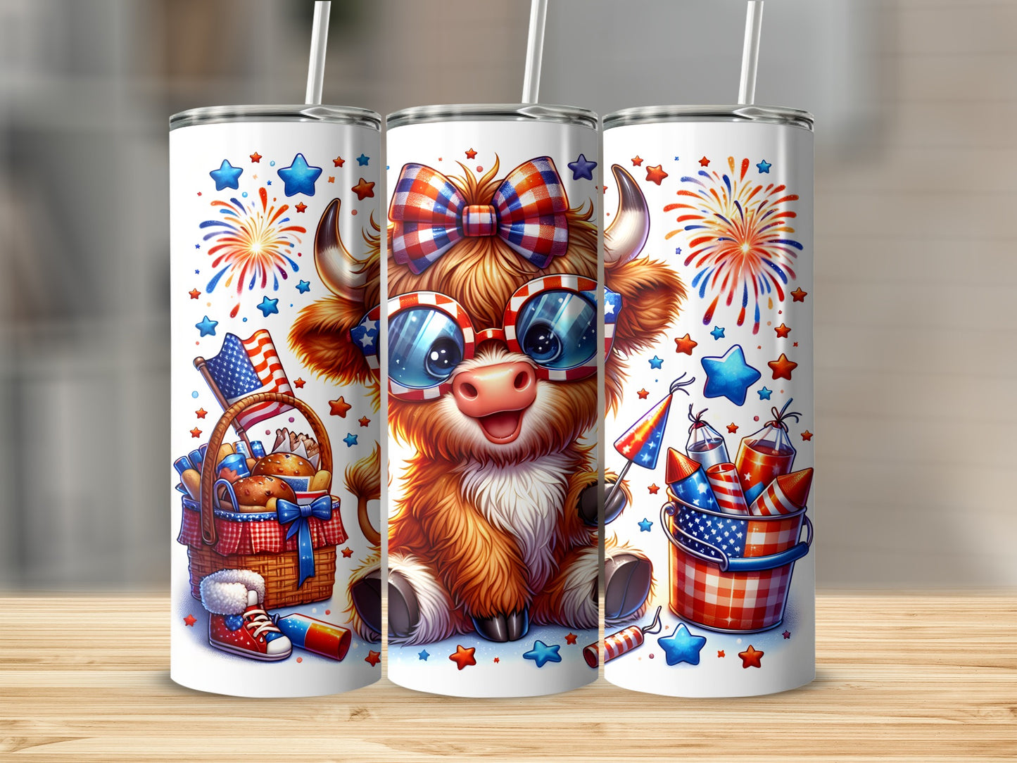 Cute cartoon cow with fireworks, flags, and treats for Fourth of July.