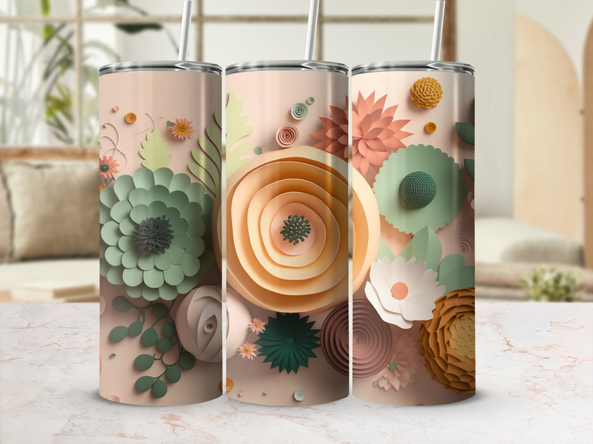 Elegant Floral Design Insulated Tumblers with Straw Lid