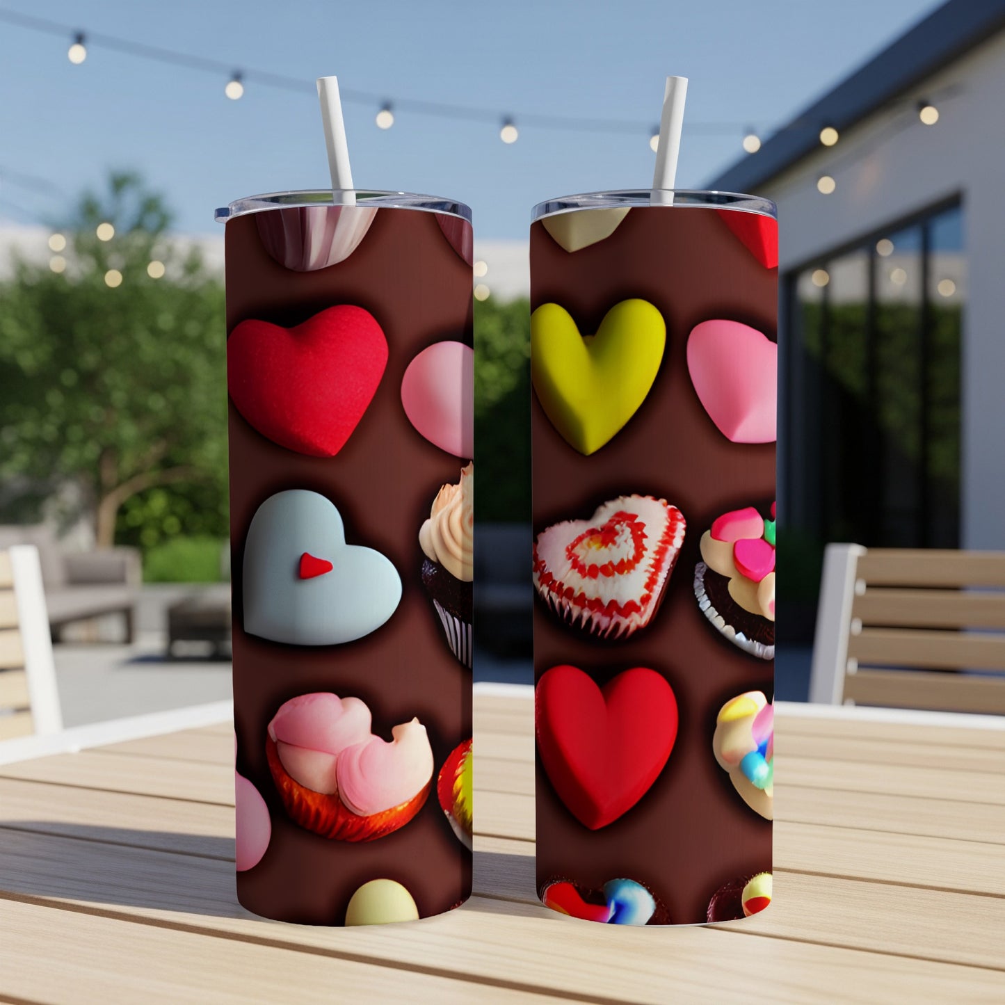 Two tumblers with Valentine's Day heart and cupcake designs.