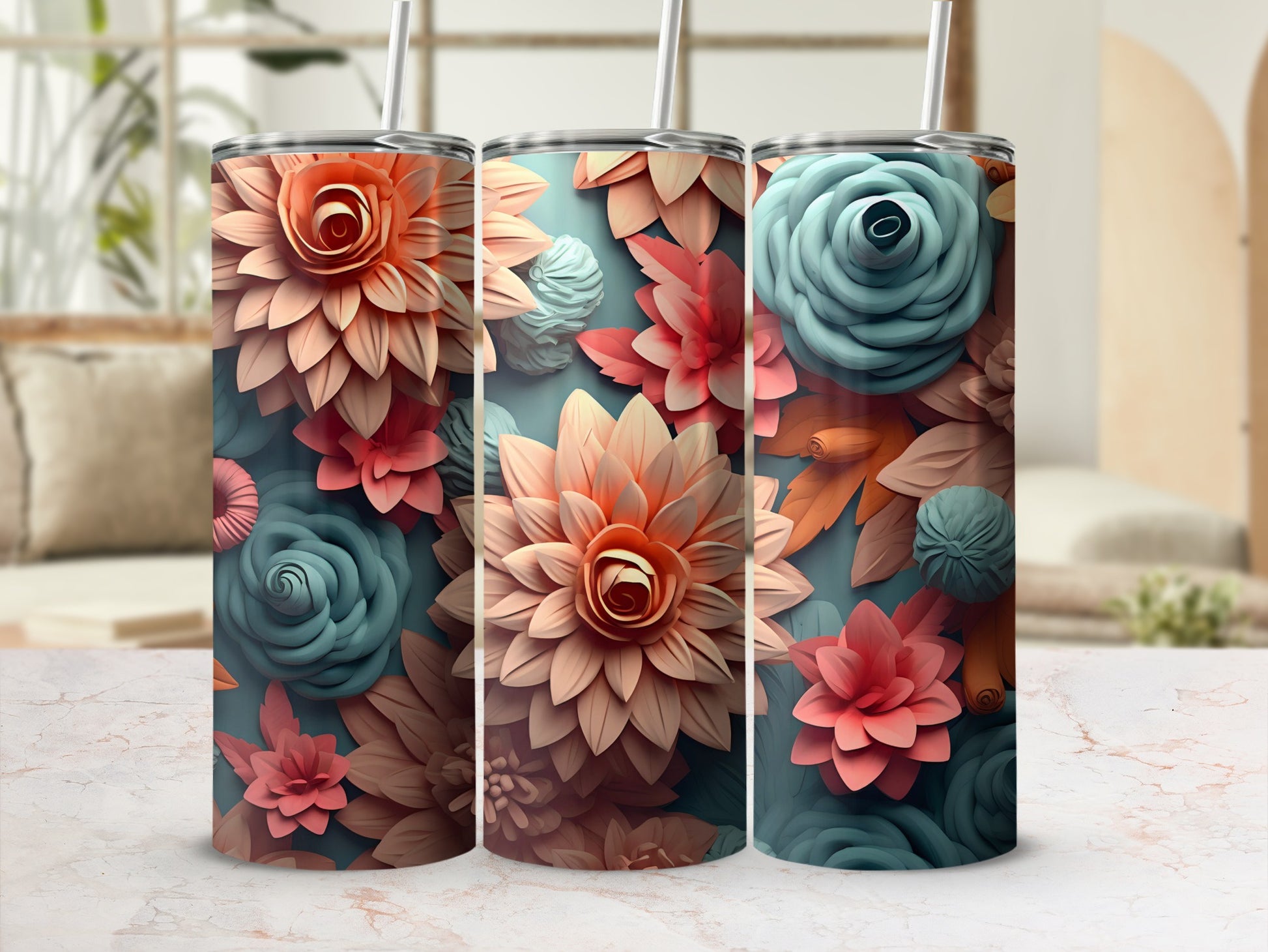 Floral Insulated Tumbler with Straw for Hot or Cold Drinks