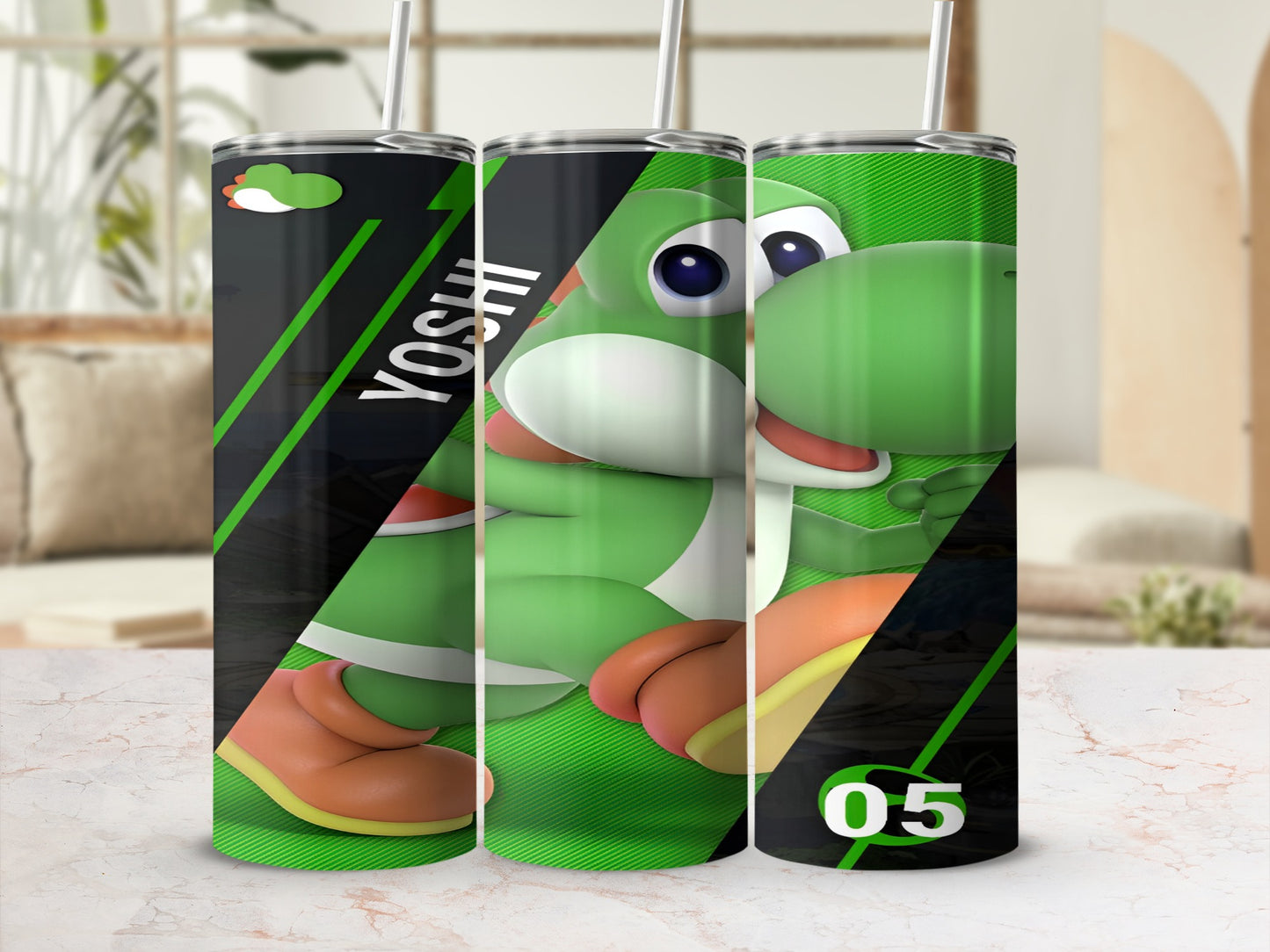 Yoshi character with "Yoshi" text on a green striped tumbler.