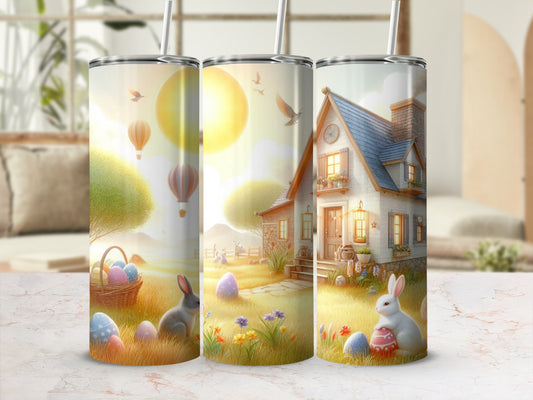 Easter scene with bunnies, decorated eggs, hot air balloons, and a house.