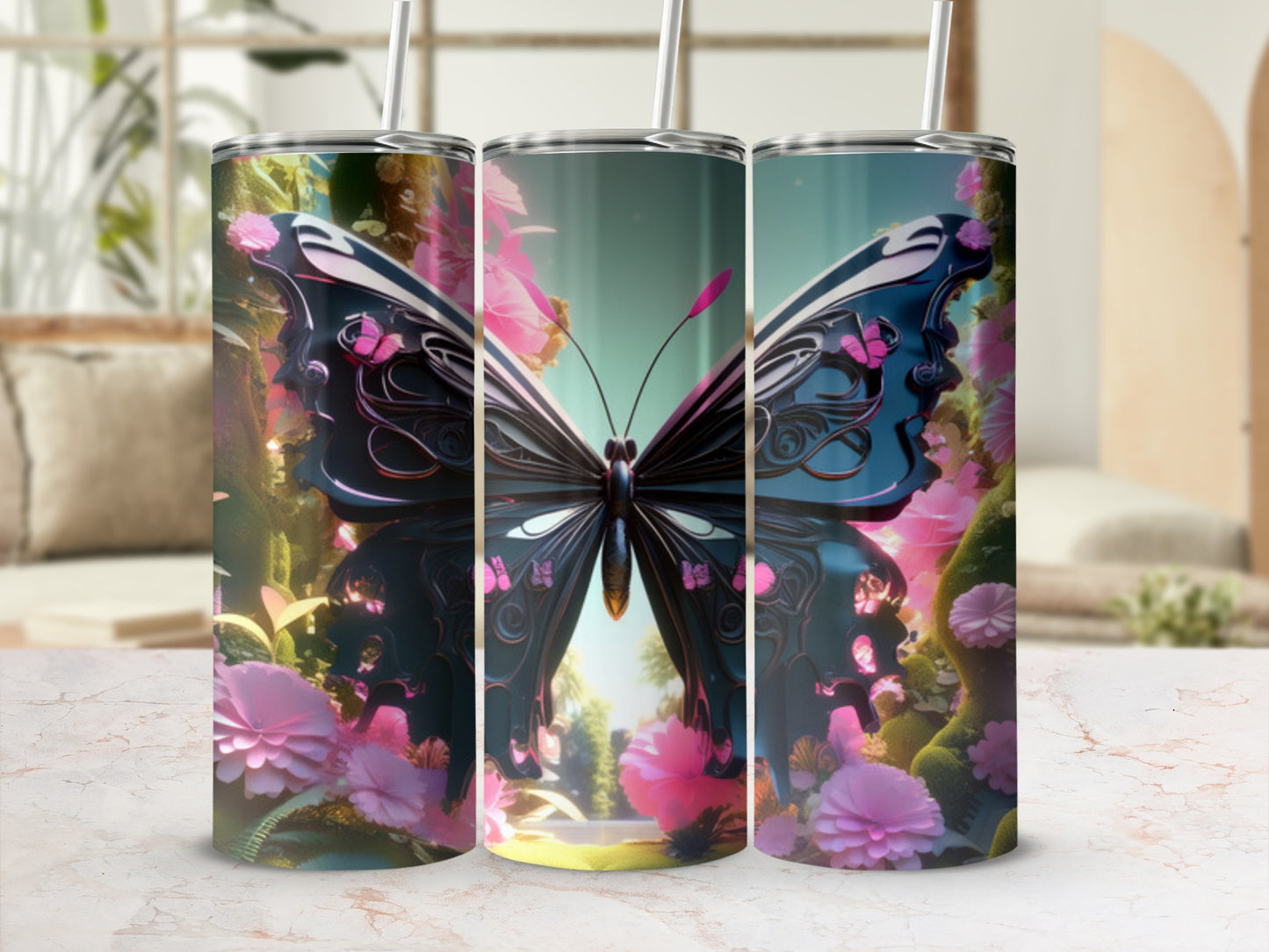 Tall tumbler with a large iridescent butterfly and pink floral background.