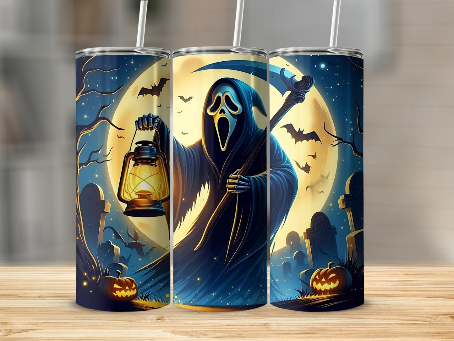 Three tumblers with a Halloween scene featuring a grim reaper, pumpkins, bats, and a full moon.