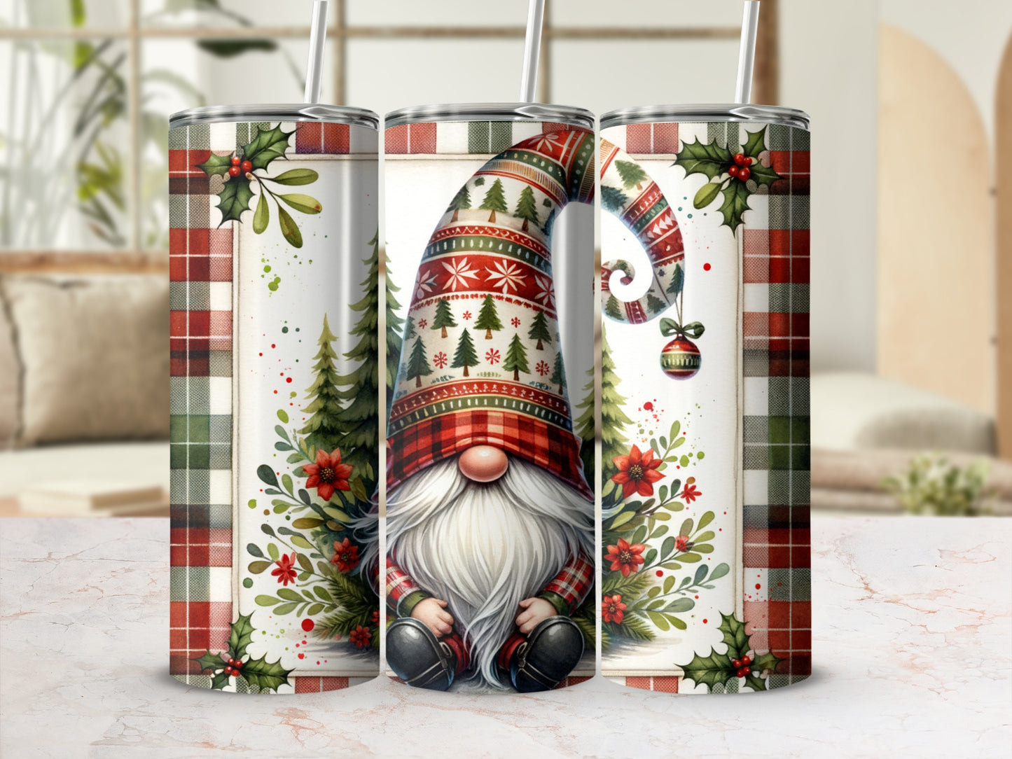 Tapered tumbler with gnome wearing a plaid hat, surrounded by holly and pine trees.