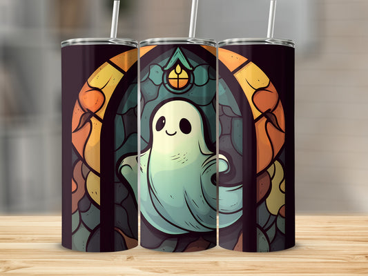 Ghost design on a tumbler with a stained-glass window background.