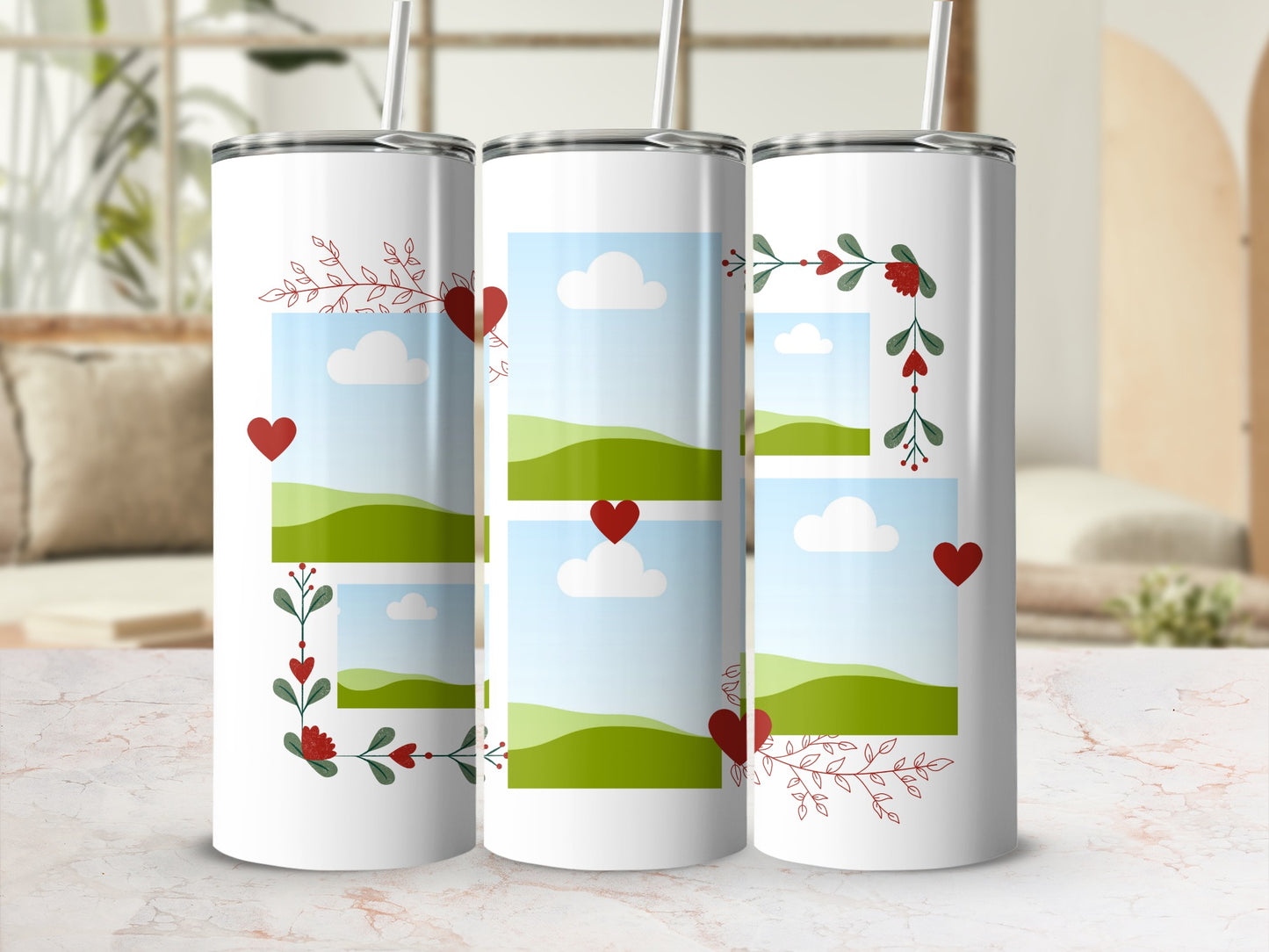 Three white tumblers with photo frames, hearts, and floral designs.