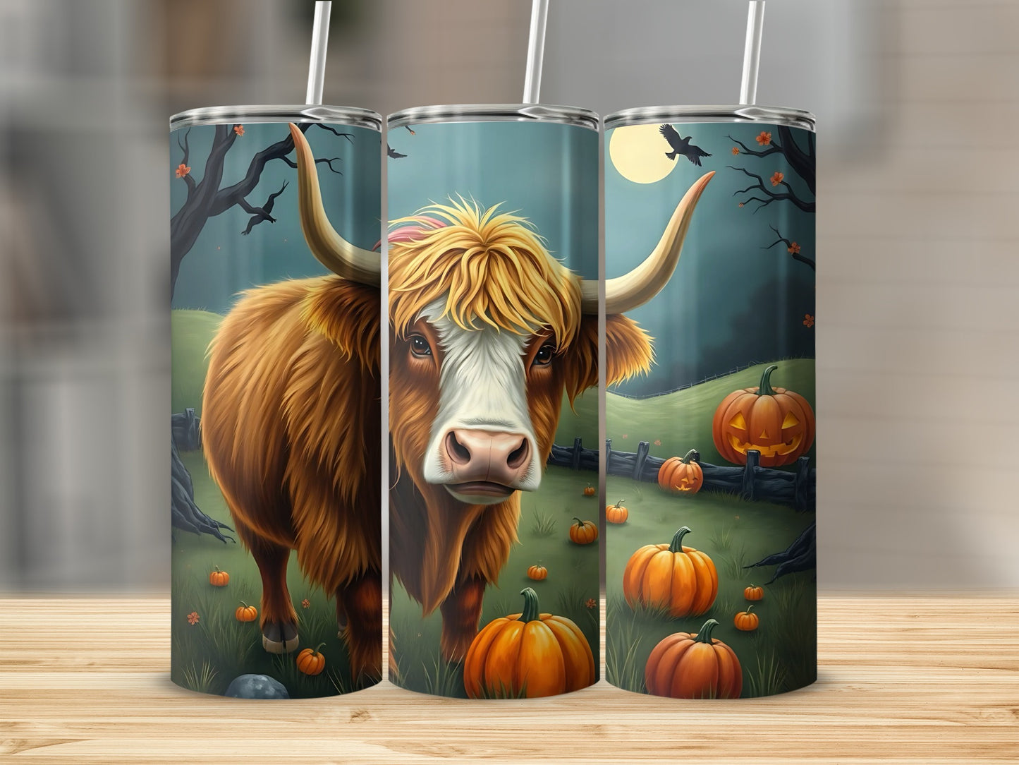 Highland Cow Halloween Theme Tumbler with Pumpkins
