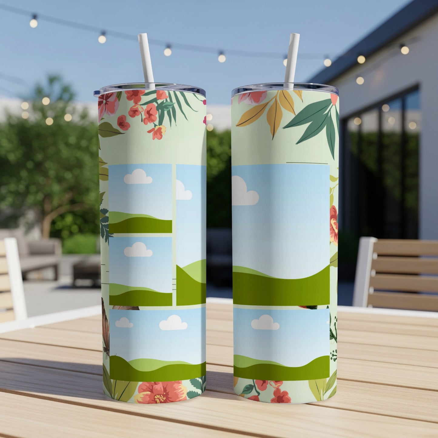 Two tumblers with floral patterns and photo collage designs, each with a straw.