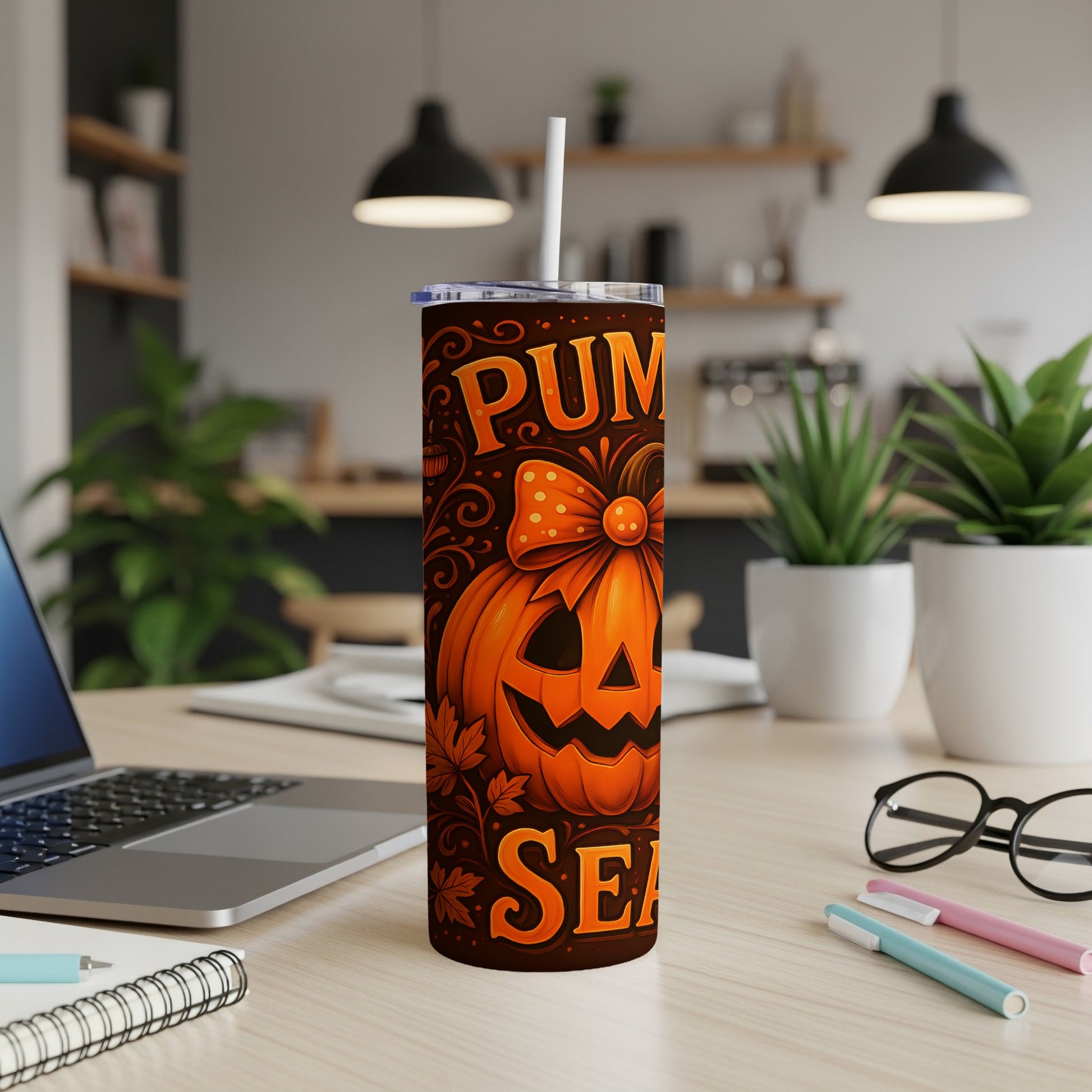 Tumbler with jack-o'-lantern, bow, and "Pumpkin Season" text.