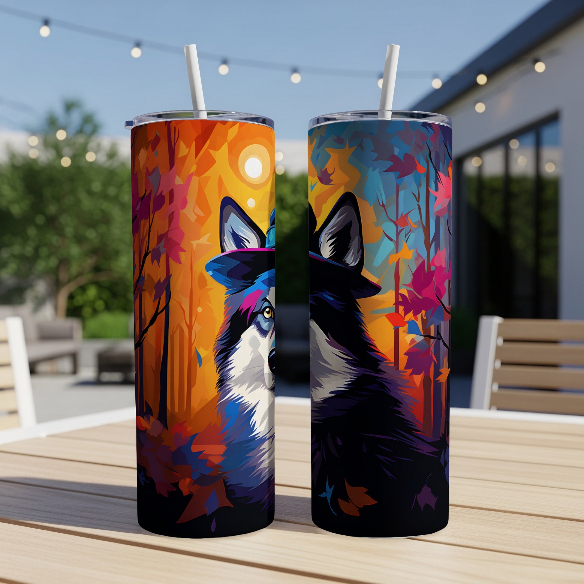 Two tumblers featuring a stylized wolf wearing a hat against an autumn forest backdrop.