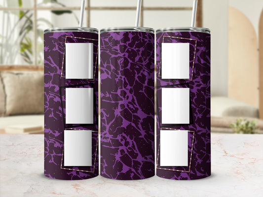 Three purple marble pattern tumblers with three blank white square placeholders each.